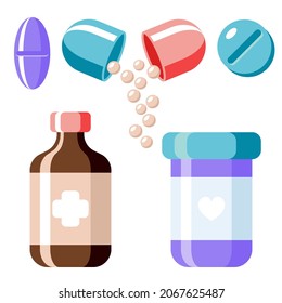 Multicolored pills with small bottles on white background. Vector illustration