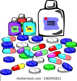Multi-colored pills and tablets are scattered artificially in front of banks.
