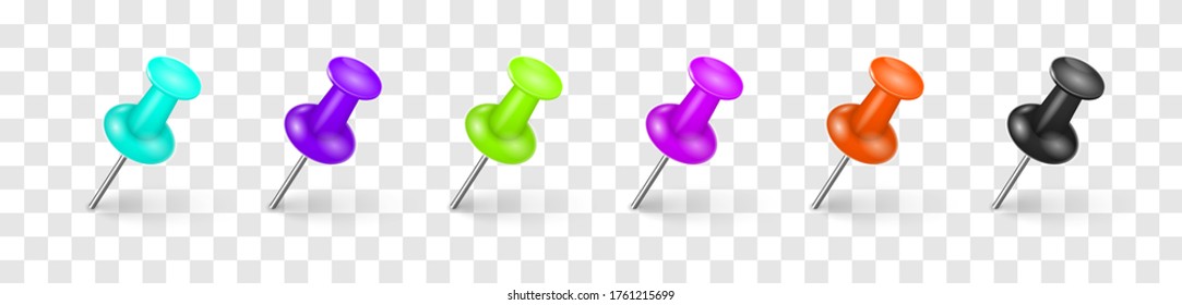 Multi-colored pin tacks with a realistic shadow on a transparent background. A collection of shiny colorful office pin tack, design elements in 3D style. Vector illustration, eps 10.