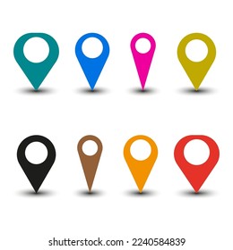 multicolored pins. Graphic element. Locate pin gps map. Vector illustration. Stock image.