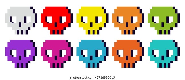 Iconos de píxeles multicolores de cráneos humanos sobre fondo blanco. Cabezas de 8 bits. Juego de muerte. Vida de arcade. Hueso maligno. Esqueleto de peligro. Halloween elemento retro. Cara pixelada de miedo. Conjunto de Vectores de símbolos Y2k