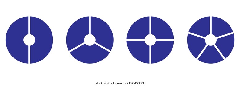 Gráficos de pizza multicolores, pasteles segmentados de 1 a 4 partes iguales. Infografía de diagramas multicolores. Gráfico de sección circular. Ruedas divididas en secciones. Maqueta de la barra de carga. Pastel, diseño de pizza