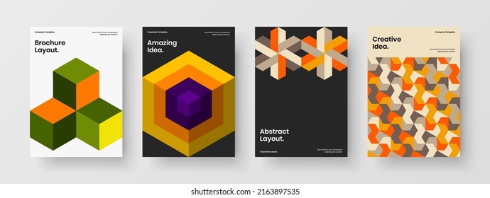 Multicolored placard A4 design vector concept composition. Trendy geometric hexagons corporate identity layout set.