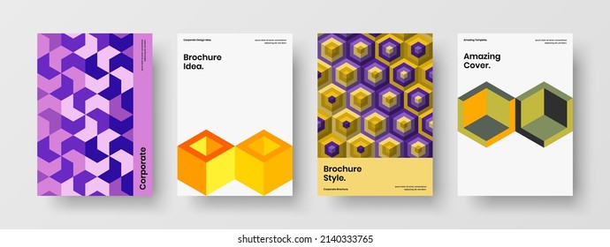 Multicolored placard A4 vector design concept collection. Amazing geometric hexagons leaflet template bundle.