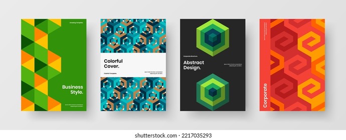 Multicolored placard design vector concept composition. Isolated geometric hexagons catalog cover illustration bundle.