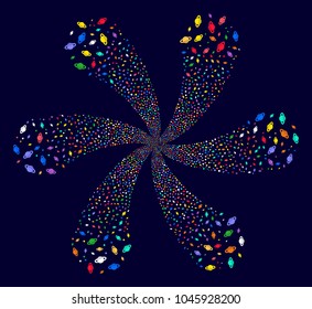 Multicolored Planet Saturn centrifugal motion on a dark background. Vector abstraction. Impressive whirlpool designed from scattered planet saturn objects.