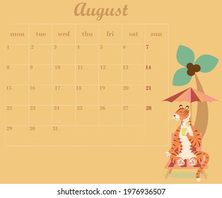 Multicolored planner for August 2022 featuring a cute tiger sunbathing on a sun lounger. Page with calendar for August 2022 and place to take notes. Vector illustration