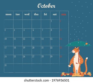 Multicolored planner for October 2022 featuring a cute tiger with an umbrella in the rain. Page with a calendar for October 2022 and a place to take notes. Vector illustration