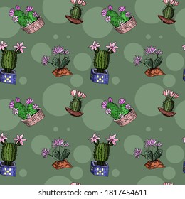 multicolored plants of mexico on a green background. doodle drawing vector seamless pattern