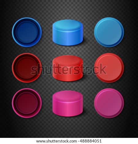 Multicolored plastic bottle caps vector set. Lids mockups for closing illustration