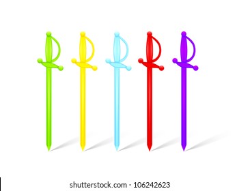 Multicolored plastic food skewers in rapier shape isolated on white