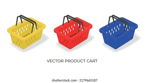 Multicolored plastic shopping baskets. Blue, red, yellow grocery baskets. Empty grocery carts from the hypermarket. Buying goods online.