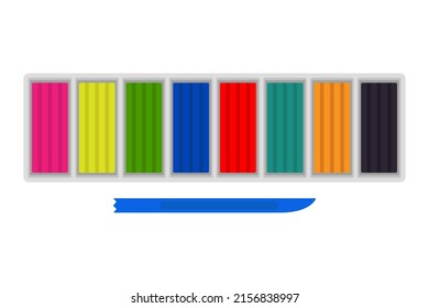 Multi-colored plasticine in a box. Color silhouette. Horizontal top view from the front. Vector simple flat graphic illustration. Isolated object on a white background. Isolate.