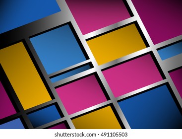 Multicolored plates in the long term. Colorful plate with silver frame.