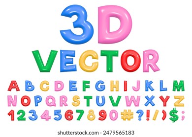 Multicolored playful alphabet in Y2K style. 3D rendering of plump letters, plastic glossy reflective texture. Vector illustration.