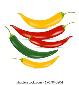 Multi-colored pods of chili pepper on a white background. Red, green and yellow. Realistic performance.