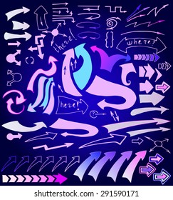 Multicolored pointers isolated on a dark blue background. Pink, blue and purple neon arrows. Hand drawn sketchy arrows icons set.