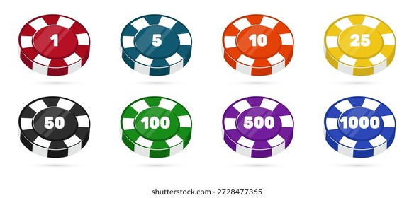 Mehrfarbige Pokerchips für Casinos mit Wertzahlen. Spielmarken für Glücksspiele. Gewinnen von Plastikkreisen. Blackjack Wetten Vermögen. Glücksspielmünze. Roulette-Wette. Vektor isolierte Gaming-Objekte gesetzt