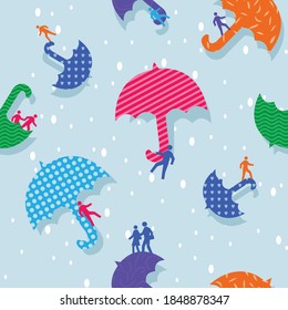 Patrón de paraguas multicolor con puntas de lluvia y humanos pequeños en movimiento.