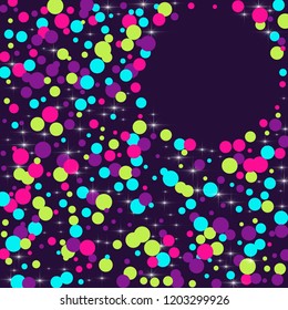 Multicolored polka dots with highlights on a blue background. Bright circles. Blink. Polka dots and luminous elements.