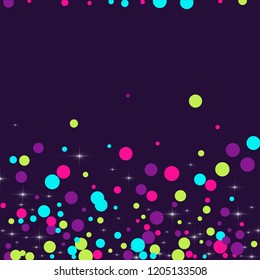 Multicolored polka dots with highlights on a blue background. Bright circles. Blink. Polka dots and luminous elements.