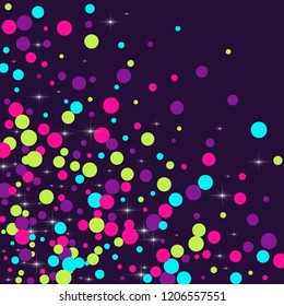Multicolored polka dots with highlights on a blue background. Bright circles. Blink. Polka dots and luminous elements.