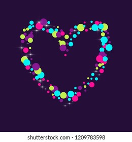 Multicolored polka dots with highlights on a blue background. Bright circles. Blink. Polka dots and luminous elements.