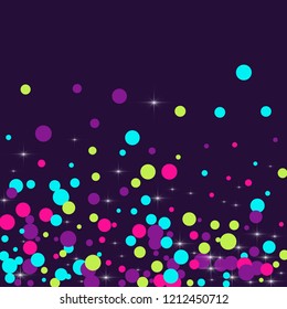 Multicolored polka dots with highlights on a blue background. Bright circles. Blink. Polka dots and luminous elements.