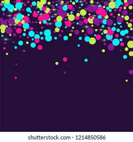 Multicolored polka dots with highlights on a blue background. Bright circles. Blink. Polka dots and luminous elements.
