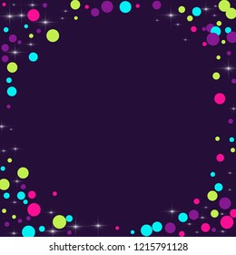 Multicolored polka dots with highlights on a blue background. Bright circles. Blink. Polka dots and luminous elements.