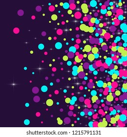 Multicolored polka dots with highlights on a blue background. Bright circles. Blink. Polka dots and luminous elements.