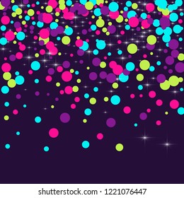 Multicolored polka dots with highlights on a blue background. Bright circles. Blink. Polka dots and luminous elements.