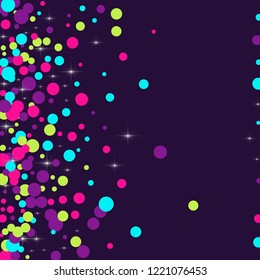 Multicolored polka dots with highlights on a blue background. Bright circles. Blink. Polka dots and luminous elements.
