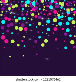 Multicolored polka dots with highlights on a blue background. Bright circles. Blink. Polka dots and luminous elements.