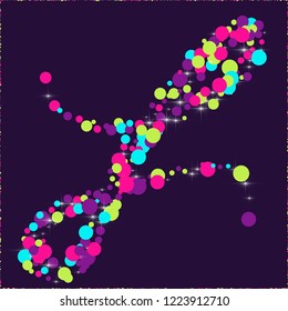 Multicolored polka dots with highlights on a blue background. Bright circles. Blink. Polka dots and luminous elements.