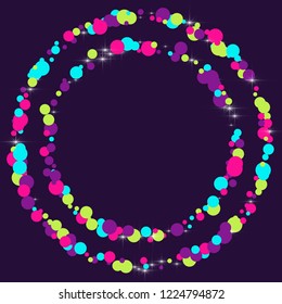 Multicolored polka dots with highlights on a blue background. Bright circles. Blink. Polka dots and luminous elements.