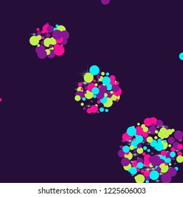 Multicolored polka dots with highlights on a blue background. Bright circles. Blink. Polka dots and luminous elements.