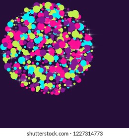 Multicolored polka dots with highlights on a blue background. Bright circles. Blink. Polka dots and luminous elements.
