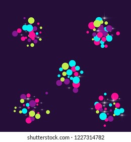 Multicolored polka dots with highlights on a blue background. Bright circles. Blink. Polka dots and luminous elements.