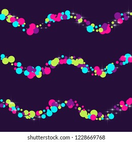 Multicolored polka dots with highlights on a blue background. Bright circles. Blink. Polka dots and luminous elements.