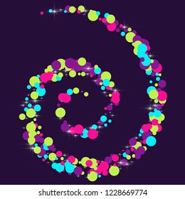 Multicolored polka dots with highlights on a blue background. Bright circles. Blink. Polka dots and luminous elements.