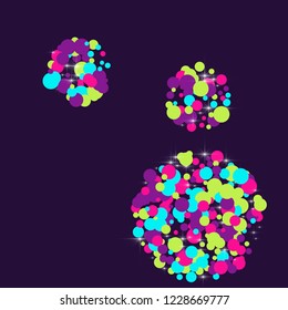 Multicolored polka dots with highlights on a blue background. Bright circles. Blink. Polka dots and luminous elements.