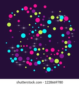 Multicolored polka dots with highlights on a blue background. Bright circles. Blink. Polka dots and luminous elements.