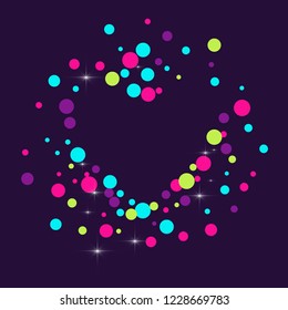 Multicolored polka dots with highlights on a blue background. Bright circles. Blink. Polka dots and luminous elements.