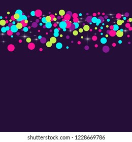Multicolored polka dots with highlights on a blue background. Bright circles. Blink. Polka dots and luminous elements.