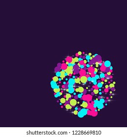 Multicolored polka dots with highlights on a blue background. Bright circles. Blink. Polka dots and luminous elements.