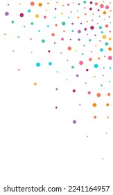 Multicolored Polka Transparent Vector White Background. Flying Dot Postcard. Fun Circle Invitation. Bright Rain Carnaval Banner.
