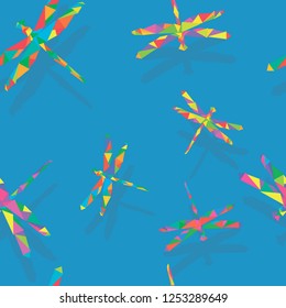 Multi-colored polygonal dragonfly origami on a blue background. Low Poly Vector Pattern