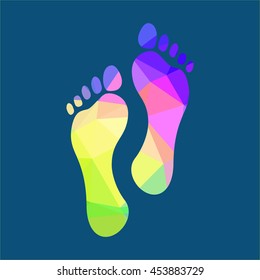 Multicolored polygonal footprints on a dark background, flat illustration. - stock vector