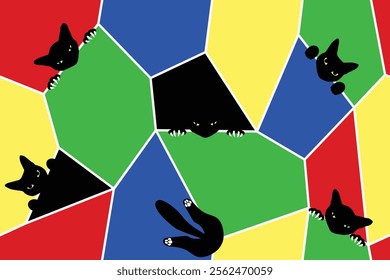 Multicolored polygons and black cats sticking out of them, seamless vector pattern